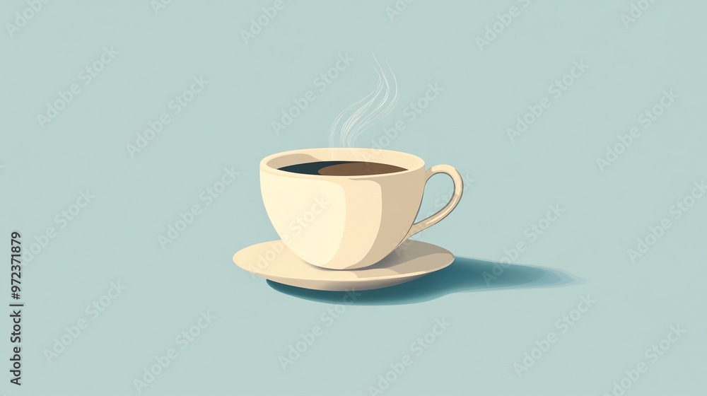 A simple illustration of a white coffee mug with steam on a blue background. A simple illustration of a white coffee mug with steam on a blue background.