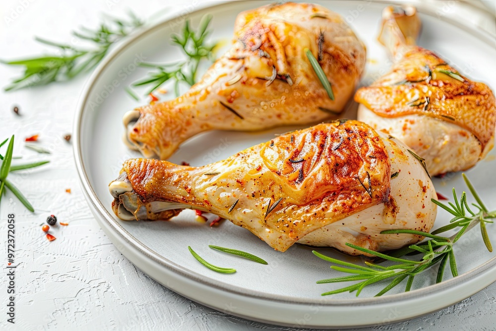 Grilled chicken legs, arranged on a white plate and garnished with rosemary and cherry tomatoes Grilled chicken legs, arranged on a white plate and garnished with rosemary and cherry tomatoes