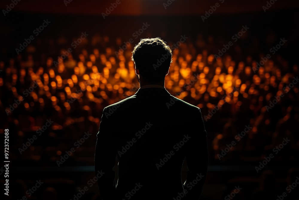 An abstract silhouette of a speaker standing on stage, public speaking, a symbolic representation of leadership. An abstract silhouette of a speaker standing on stage, public speaking, a symbolic representation of leadership.