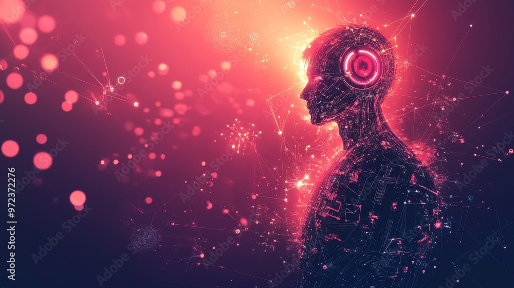 Obraz premium Illuminated Human-Robot Fusion in Digital Realm on Dark Rose Gradient - Concept of Future Technology and Connectivity