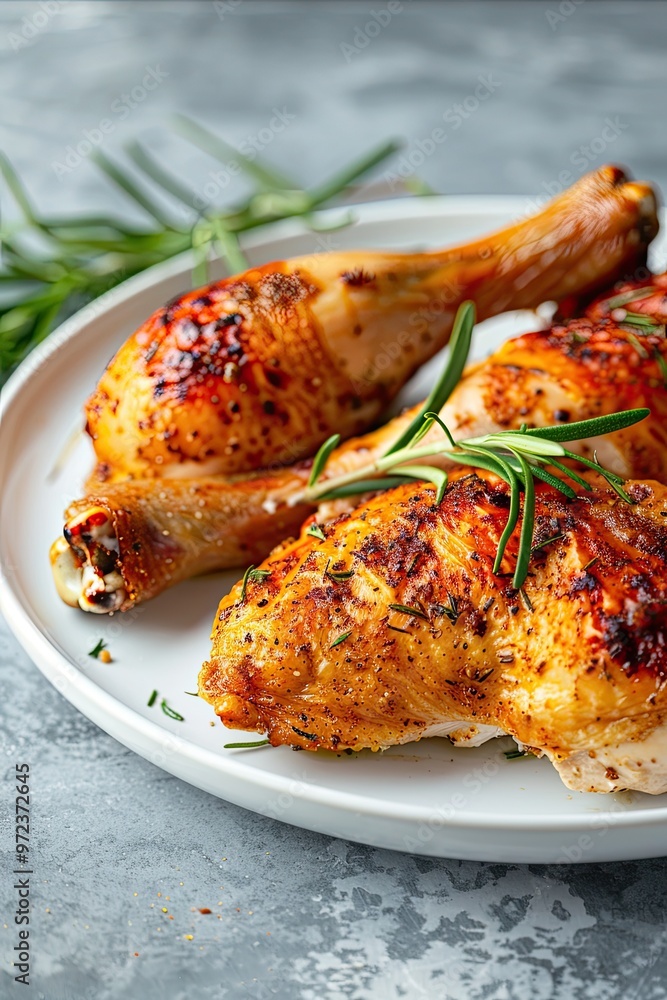 Grilled chicken legs, arranged on a white plate and garnished with rosemary and cherry tomatoes Grilled chicken legs, arranged on a white plate and garnished with rosemary and cherry tomatoes
