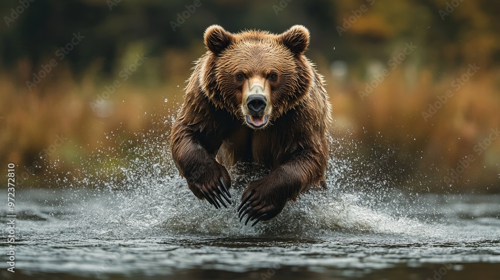 Angry grizzly bear in rage sprinting in water towards camera Angry grizzly bear in rage sprinting in water towards camera