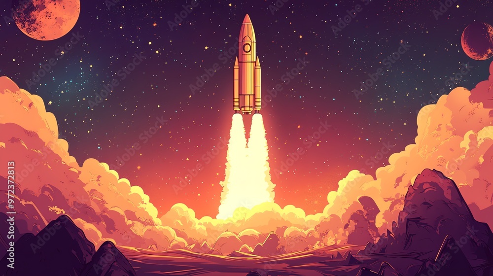 Obraz premium Rocket launching into space with planets and stars.