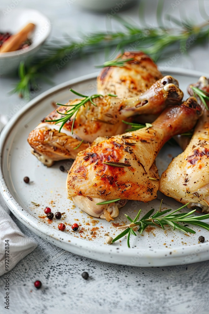 Grilled chicken legs, arranged on a white plate and garnished with rosemary and cherry tomatoes Grilled chicken legs, arranged on a white plate and garnished with rosemary and cherry tomatoes
