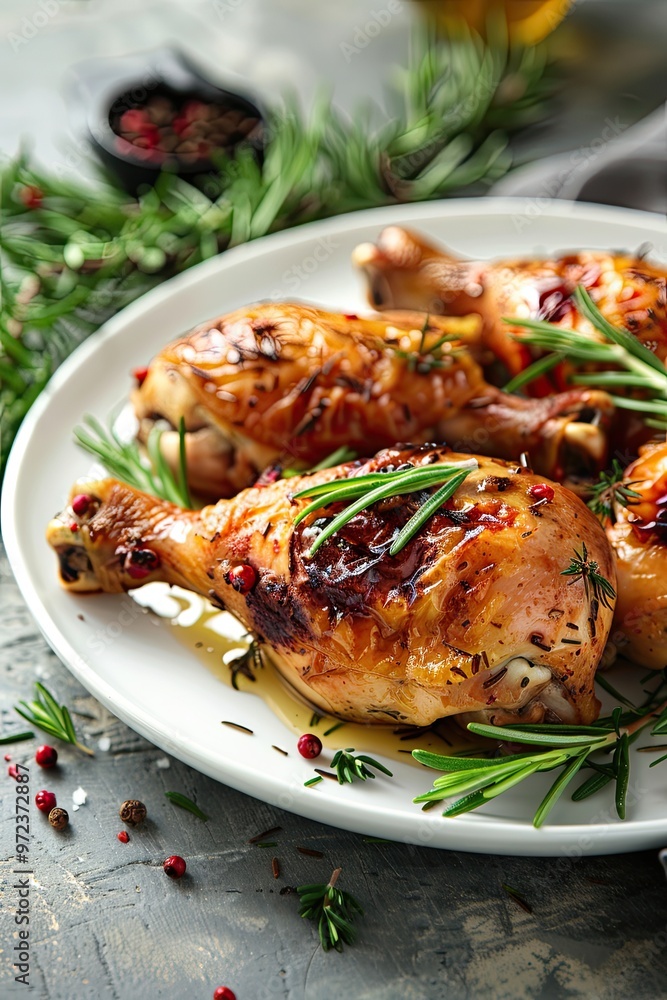 Grilled chicken legs, arranged on a white plate and garnished with rosemary and cherry tomatoes Grilled chicken legs, arranged on a white plate and garnished with rosemary and cherry tomatoes