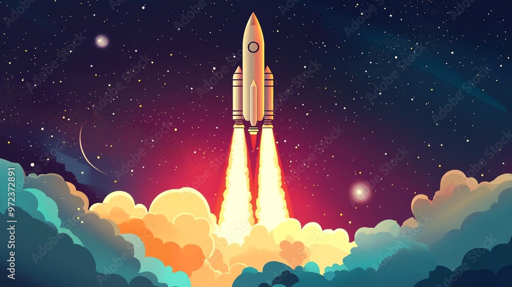 Fototapeta premium A rocket launch through colorful clouds and a starry night sky.