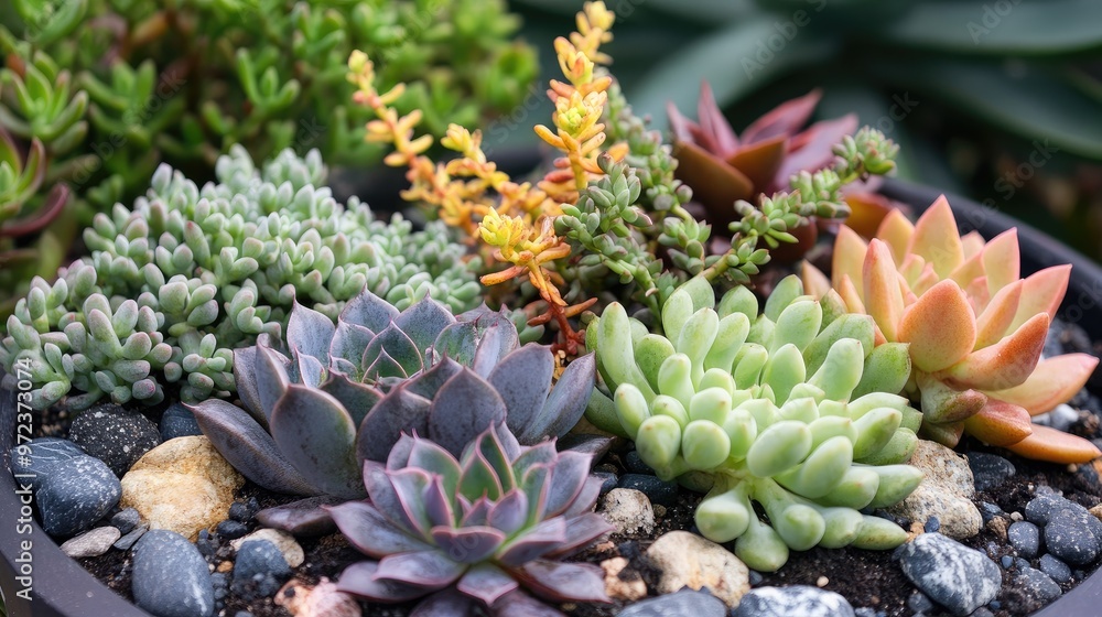 Close-up of a succulent tray garden with echeveria, sedum, and kalanchoe varieties, surrounded by tiny rocks, no logos Close-up of a succulent tray garden with echeveria, sedum, and kalanchoe varieties, surrounded by tiny rocks, no logos