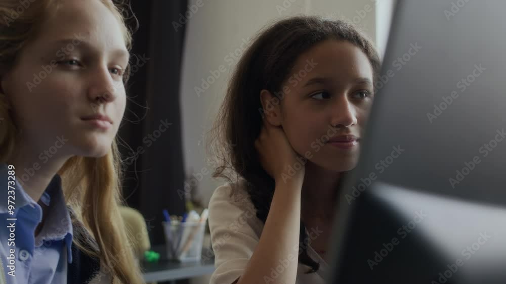 Medium closeup of two multiracial teenage schoolgirls looking at computer monitor with interest while having IT lesson in modern classroom Medium closeup of two multiracial teenage schoolgirls looking at computer monitor with interest while having IT lesson in modern classroom