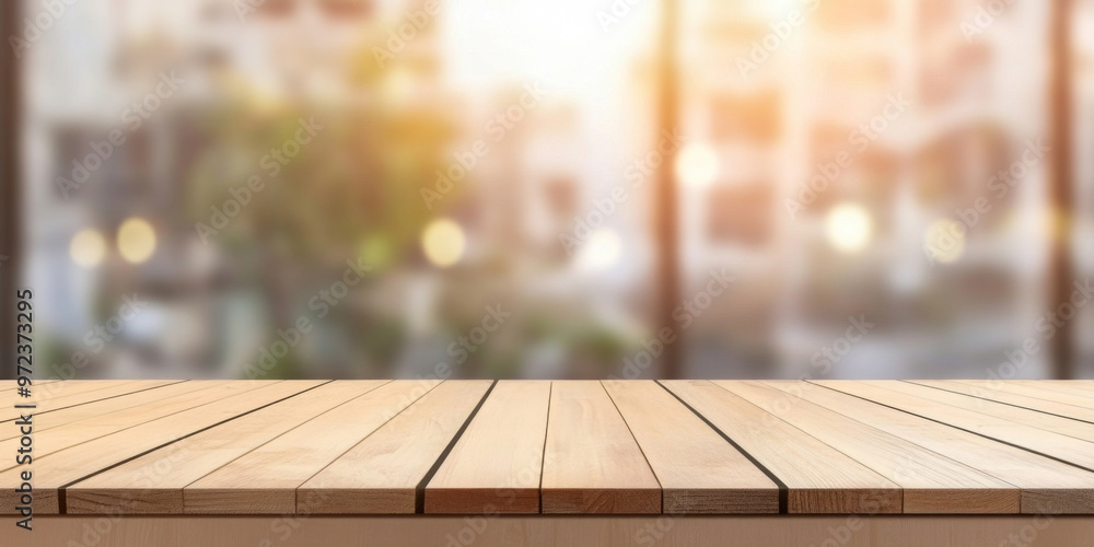 Sunlit wooden tabletop with space to place product and text, overlooking a cityscape with soft blurred background Sunlit wooden tabletop with space to place product and text, overlooking a cityscape with soft blurred background