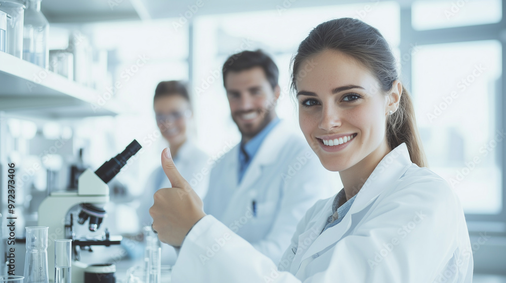 Smiling Clinical Researchers in Laboratory Giving Thumbs Up: Group Pose with Microscope, Test Tubes, and Glass Apparatus, Light Background. photo Smiling Clinical Researchers in Laboratory Giving Thumbs Up: Group Pose with Microscope, Test Tubes, and Glass Apparatus, Light Background. photo
