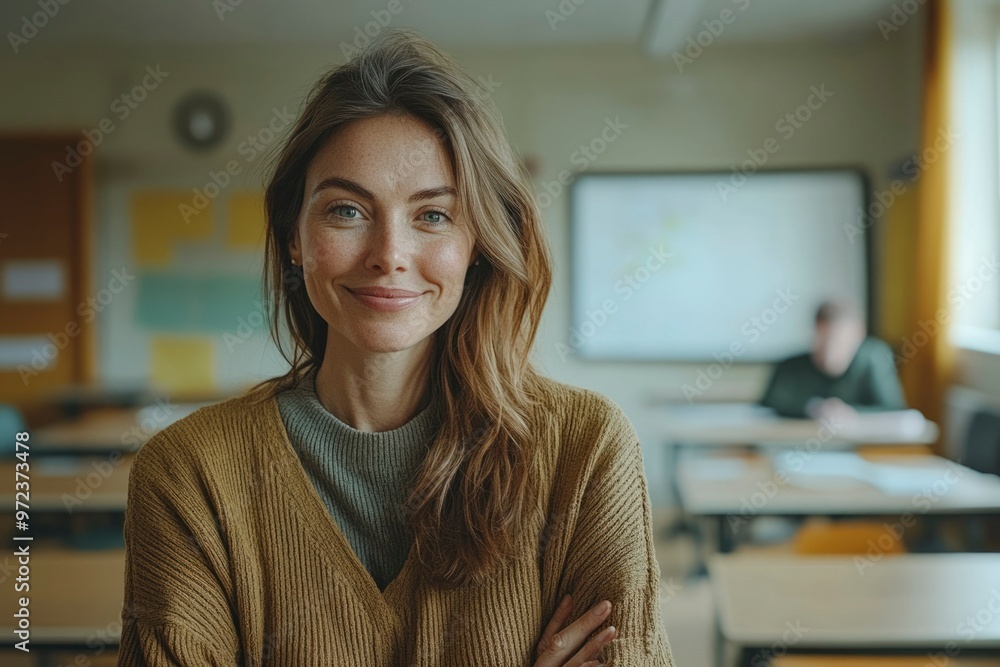 Smiling Woman in a Brown Sweater in a Classroom Setting Smiling Woman in a Brown Sweater in a Classroom Setting