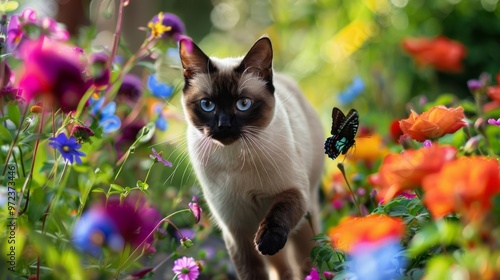 A playful cat strolls through a vibrant flower garden filled with colorful blooms and lively butterflies under a clear blue sky. photo