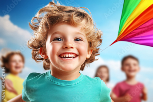 A joyful blonde boy with curly hair smiling brightly as he plays outdoors with friends on a sunny day. The colorful kite and bright sky emphasize the carefree nature of childhood fun.