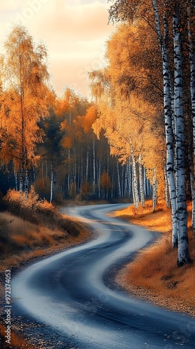 The road is lined with birch trees, the sunset's glow illuminates the autumn leaves on the ground