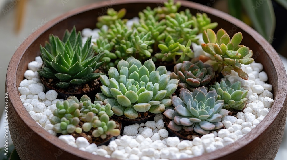 Close-up of a tray garden with small succulents in different shapes, arranged in a circular pattern with white pebbles, no logos Close-up of a tray garden with small succulents in different shapes, arranged in a circular pattern with white pebbles, no logos