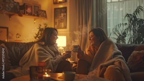 Cozy Friends Enjoying Warm Drinks Together on a Chill Evening at Home