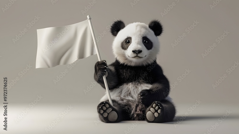 Panda with White Flag: A cuddly panda sitting and holding a white flag with one paw.
Panda with White Flag: A cuddly panda sitting and holding a white flag with one paw.