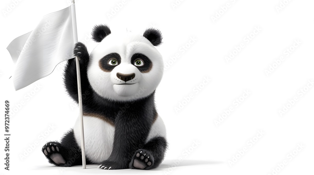 Fototapeta premium Panda with White Flag: A cuddly panda sitting and holding a white flag with one paw. 