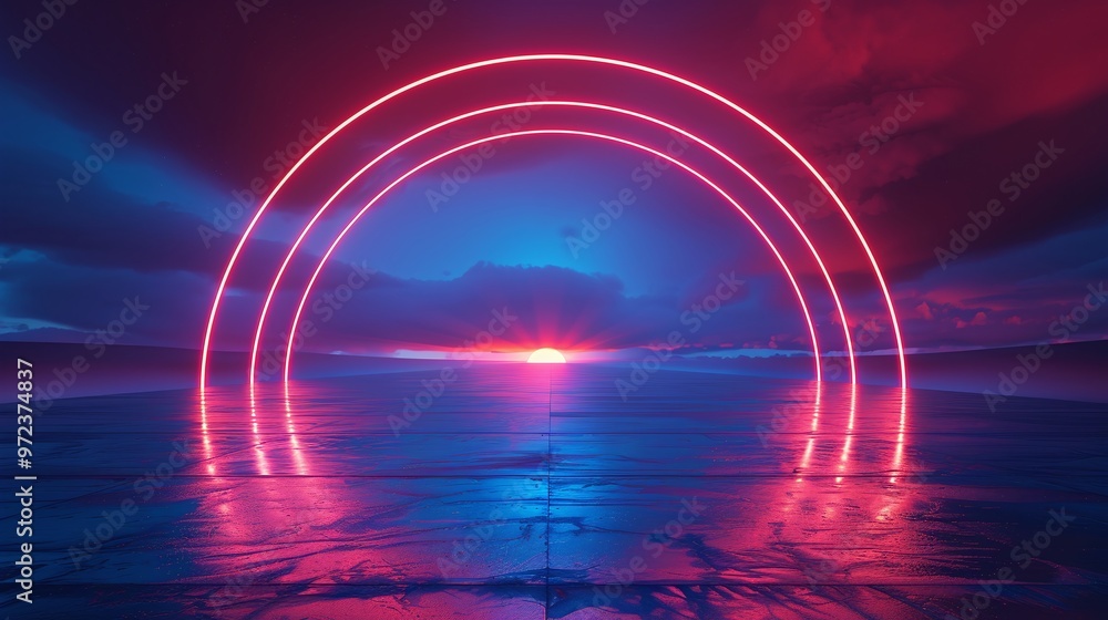 A vibrant neon rainbow arches over a serene seascape, creating a stunning visual contrast against the dramatic sky at sunset. Product presentation background. A vibrant neon rainbow arches over a serene seascape, creating a stunning visual contrast against the dramatic sky at sunset. Product presentation background.