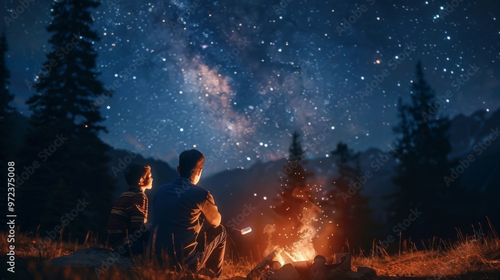 Fototapeta premium A Serene Night Under the Stars: Camping by a Fire in the Woods