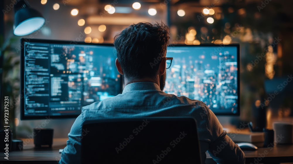 A person working at a desk in a modern office with multiple screens displaying cityscape and code at night