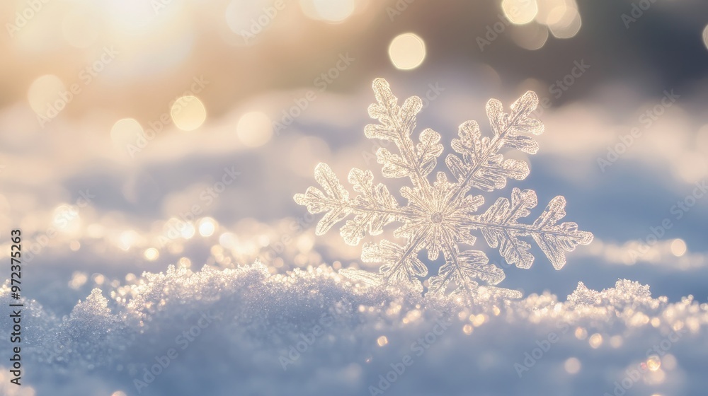 A delicate snowflake rests on a bed of pristine snow, bathed in the warm glow of the setting sun, creating a mesmerizing winter scene. A delicate snowflake rests on a bed of pristine snow, bathed in the warm glow of the setting sun, creating a mesmerizing winter scene.