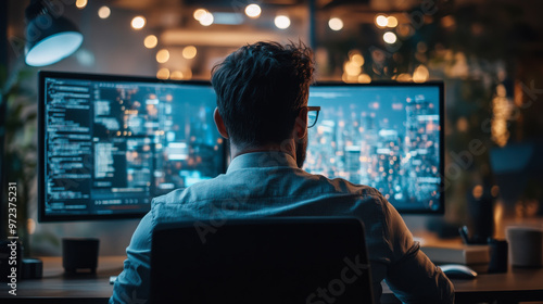 A person working at a desk in a modern office with multiple screens displaying cityscape and code at night