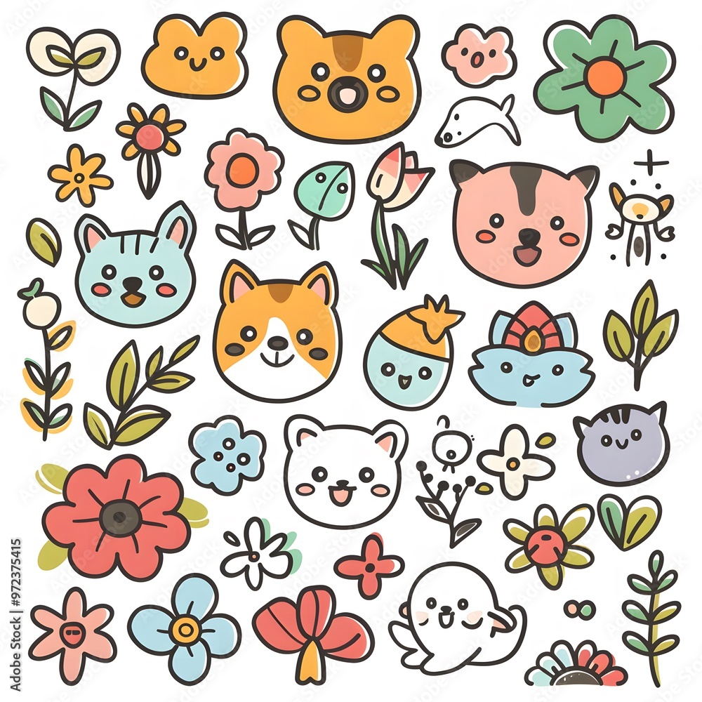 Kawaii doodle icons with dogs, flowers, and seeds in pastel colors, simple lines and cute faces, vector graphics on a white background Kawaii doodle icons with dogs, flowers, and seeds in pastel colors, simple lines and cute faces, vector graphics on a white background