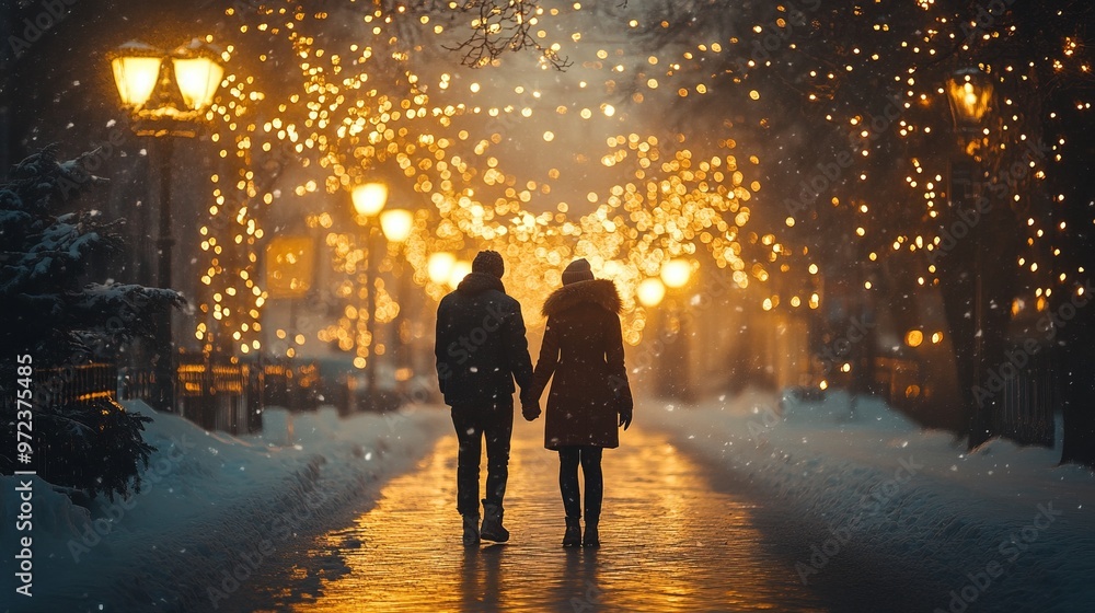 Couple holding hands as they admire the Christmas lights on a snowy evening, their breath visible in the cold air. 4K hyperrealistic photo. Couple holding hands as they admire the Christmas lights on a snowy evening, their breath visible in the cold air. 4K hyperrealistic photo.