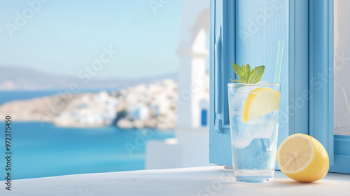 allure of a blue arched window in the foreground, complemented by a refreshing glass of water with ice and lemon. The background reveals a captivating blue and white cityscape typi photo