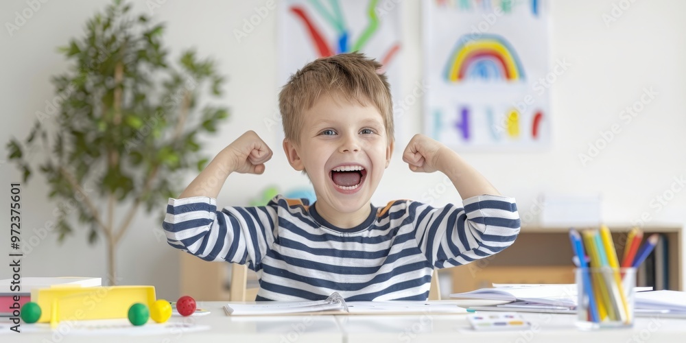 An excited elementary school boy doing homework at home, embodying passion for learning and education. An excited elementary school boy doing homework at home, embodying passion for learning and education.
