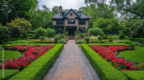 Front yard garden with a symmetrical design, boxwood hedges, blooming annuals, and a brick pathway, no logos