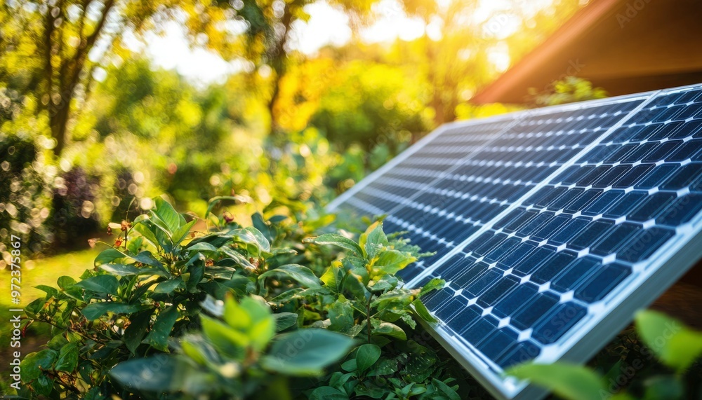 Fototapeta premium Solar Panel Partially Hidden by Lush Green Foliage in a Backyard Setting