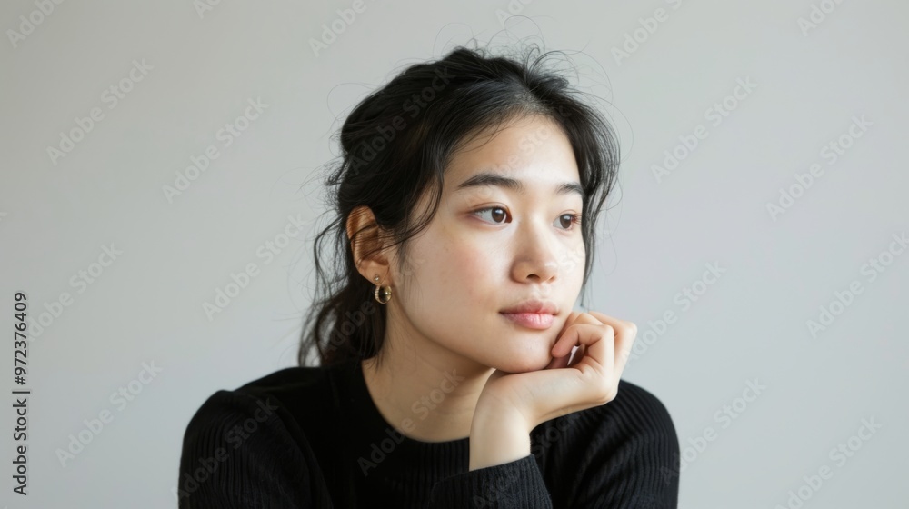 A contemplative portrait of a young woman with black hair, resting her chin on her hand. She wears a black sweater and gold earrings, set against a simple, neutral background A contemplative portrait of a young woman with black hair, resting her chin on her hand. She wears a black sweater and gold earrings, set against a simple, neutral background