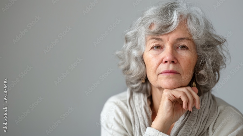 A contemplative portrait of an elderly woman with gray curly hair, resting her chin on her hand. She gazes forward with a thoughtful expression. The neutral background and soft lighting A contemplative portrait of an elderly woman with gray curly hair, resting her chin on her hand. She gazes forward with a thoughtful expression. The neutral background and soft lighting