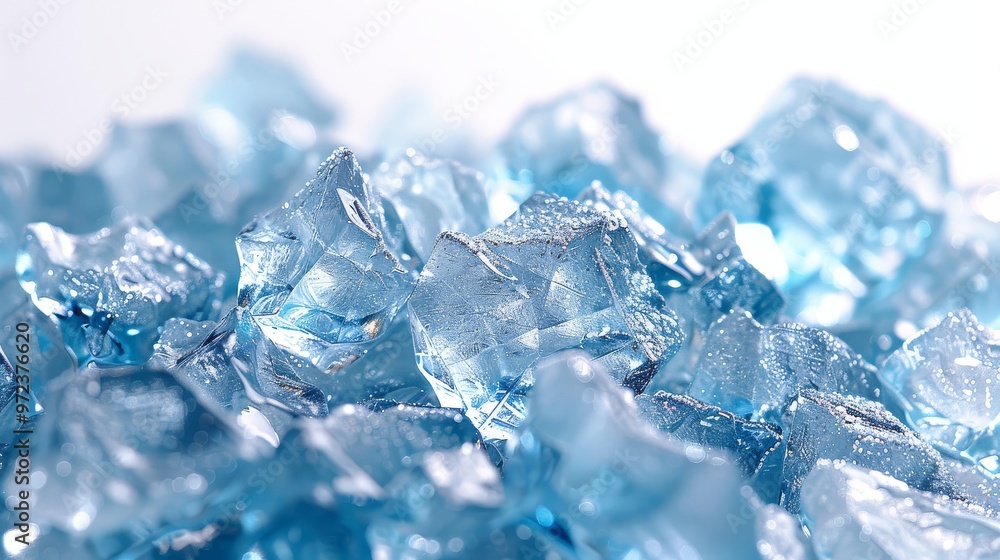 Close-Up of Clear Ice Cubes with Blue Crystals on White Background, Creating a Frosty Winter Atmosphere Close-Up of Clear Ice Cubes with Blue Crystals on White Background, Creating a Frosty Winter Atmosphere