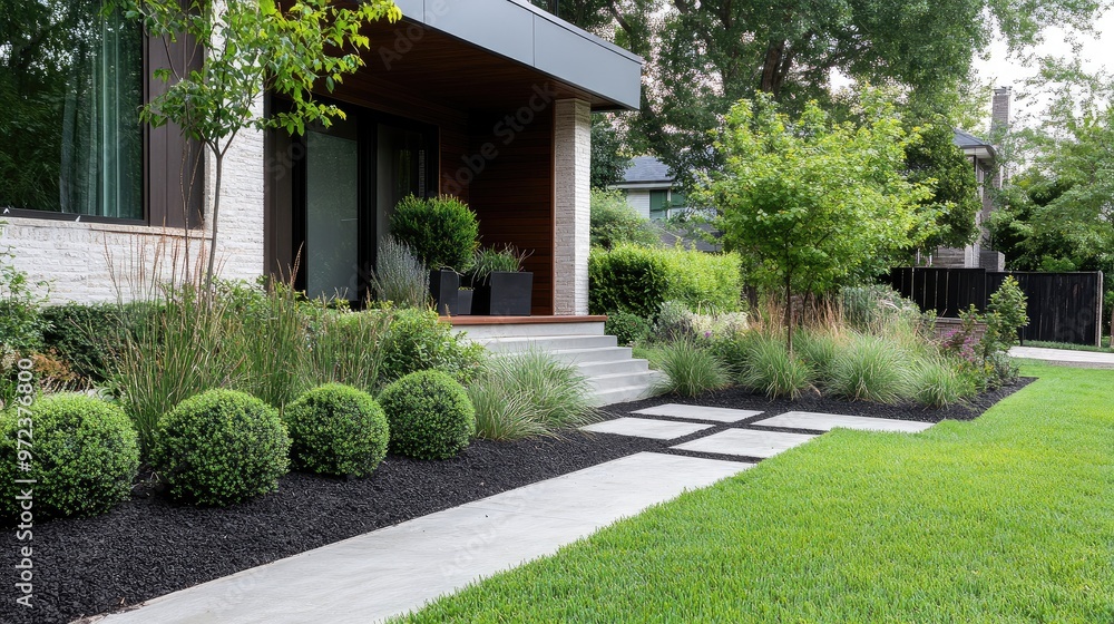 Front yard with a contemporary garden design, clean geometric shapes, black mulch, and trimmed shrubs, no logos Front yard with a contemporary garden design, clean geometric shapes, black mulch, and trimmed shrubs, no logos