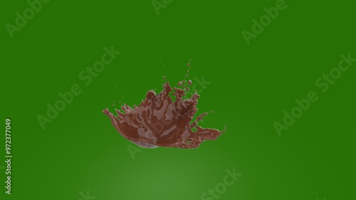 Liquid splash of chocolate, mango, milk on green screen 4K. Liquid simulation splash