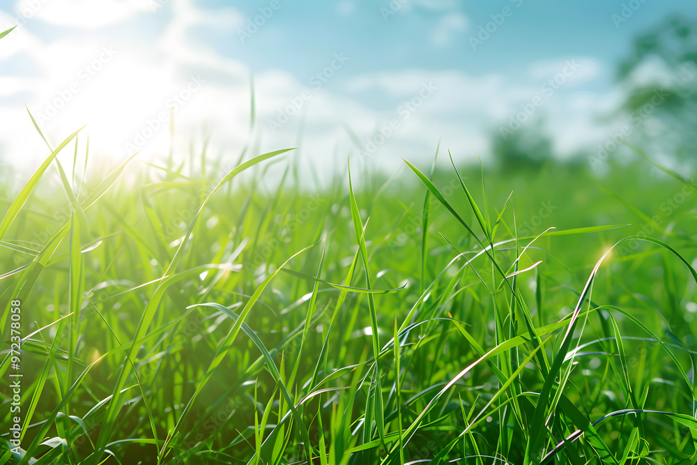 Expansive field of lush green grass creating a serene and tranquil background that emphasizes the natural beauty of the landscape..
