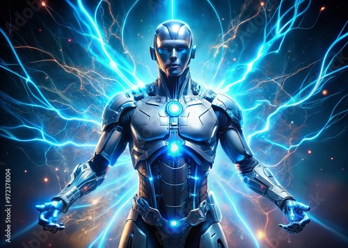 A futuristic cyborg with glowing blue circuits and mechanical limbs stands defiantly, electric sparks crackling around