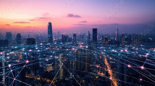 A panoramic view of a modern city skyline at dusk, with glowing lines representing a network of interconnectedness. photo