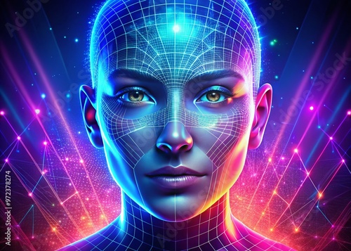 A futuristic illustration of a human face overlaid with a digital grid, highlighting key facial features and emotional