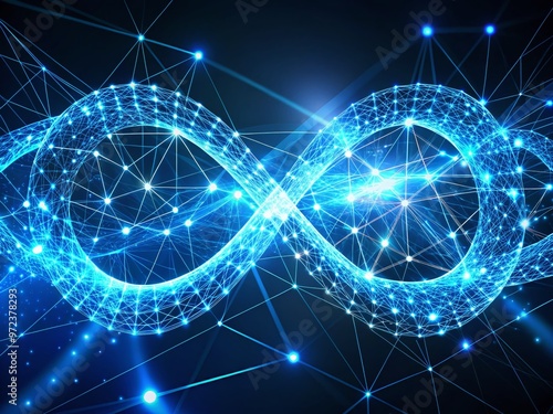 A futuristic illustration of interconnected blue and white nodes forming a stylized infinity loop, representing coding photo