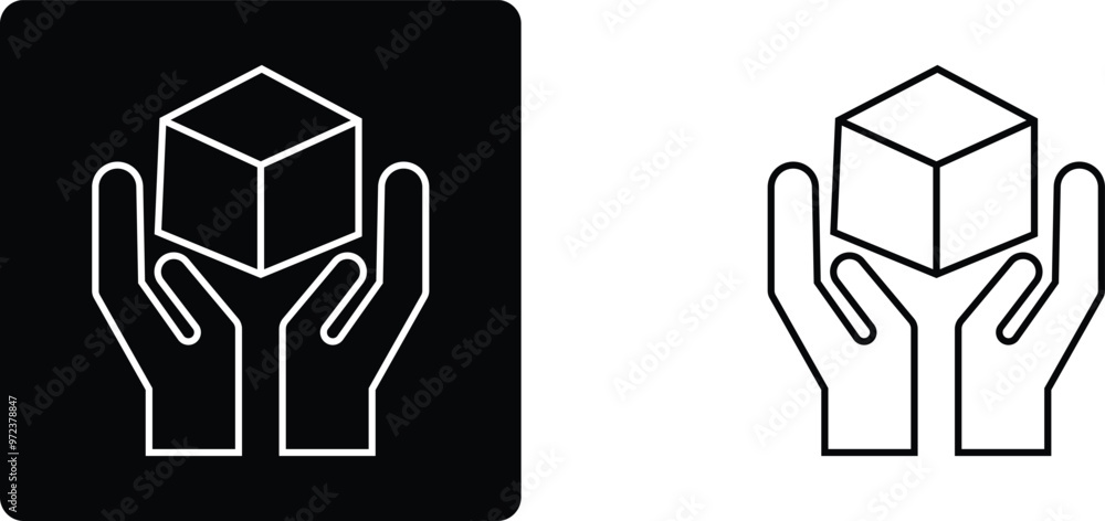 Handle with care sign icons set isolated on transparent background, black vector collection. Fragile box symbol Logistics and delivery shipping label. hand holding box important package handing sign.