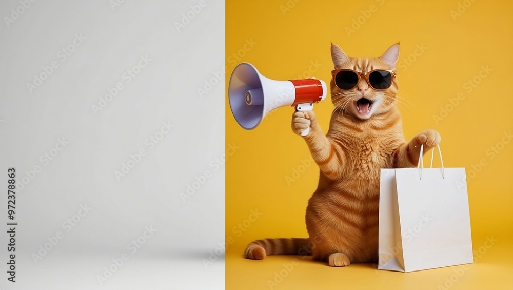Fototapeta premium Orange Cat in Cool Sunglasses Declaring Big Sales with Megaphone.