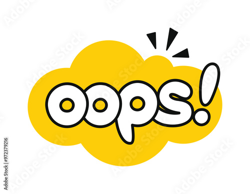 Yellow oops outline text funny speech bubble. Flat cartoon style. Logotype graphic web design element isolated on white background. Vector Illustration