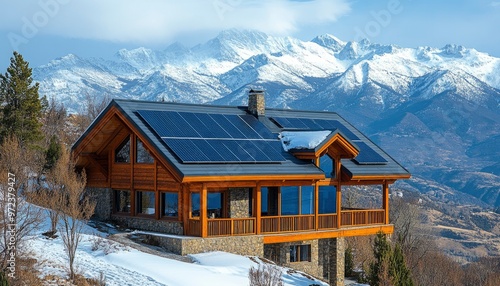 Modern Cabin with Solar Panels on a Snowy Mountainside