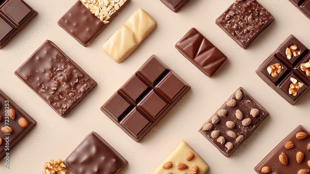 A flat lay of various chocolate bars with different fillings and toppings. The bars are arranged in a grid pattern on a light brown background. A flat lay of various chocolate bars with different fillings and toppings. The bars are arranged in a grid pattern on a light brown background.