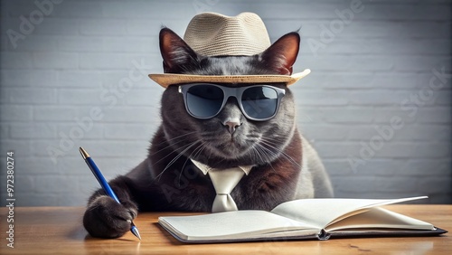 A goofy black cat wearing sunglasses and a fedora, sitting at a desk with a notepad and pencil, photo