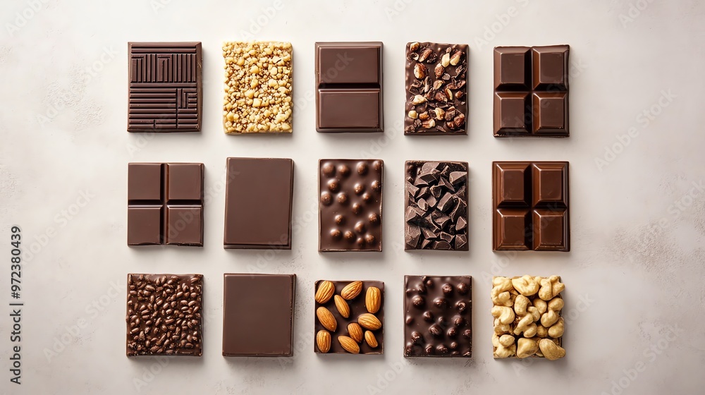 A variety of chocolate bars with different toppings, including nuts, almonds, and chocolate chips, arranged in a grid on a white background. A variety of chocolate bars with different toppings, including nuts, almonds, and chocolate chips, arranged in a grid on a white background.